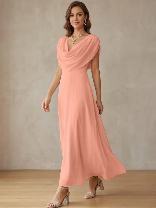 A-Line/Princess Cowl Neck Chiffon Cocktail Dresses Little White Dresses Ankle-Length Sleeveless Graduation Dress