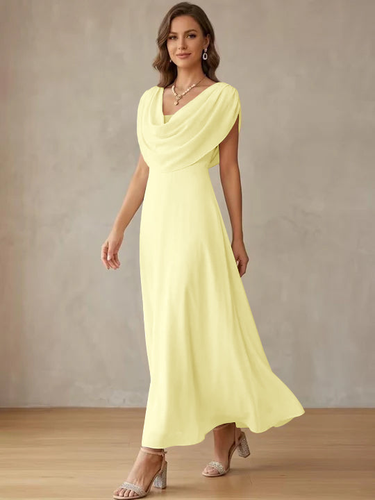 A-Line/Princess Cowl Neck Chiffon Cocktail Dresses Little White Dresses Ankle-Length Sleeveless Graduation Dress