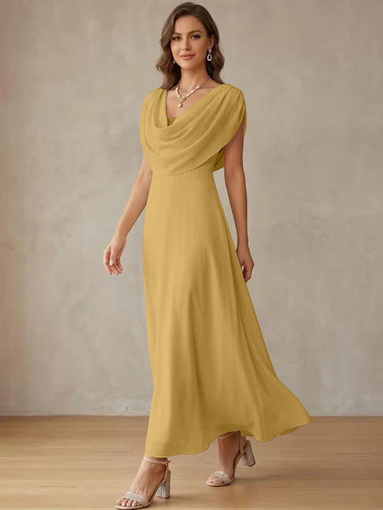 A-Line/Princess Cowl Neck Chiffon Cocktail Dresses Little White Dresses Ankle-Length Sleeveless Graduation Dress