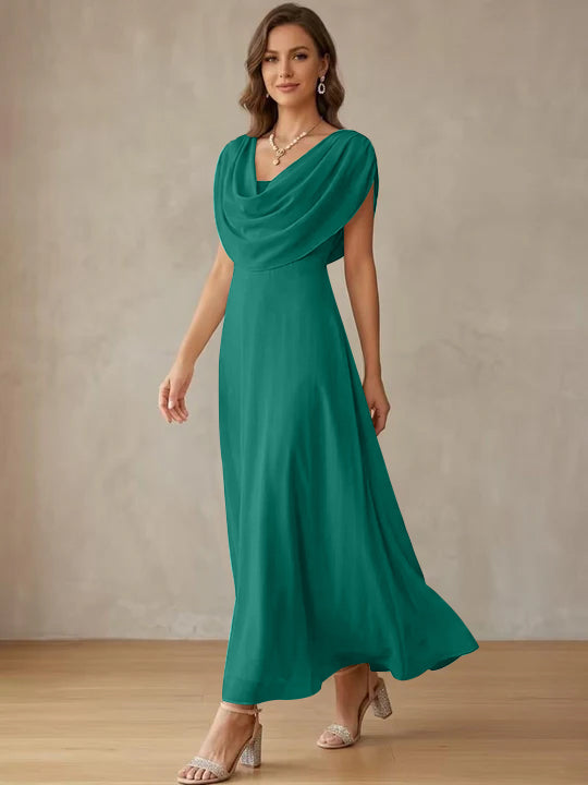 A-Line/Princess Cowl Neck Chiffon Cocktail Dresses Little White Dresses Ankle-Length Sleeveless Graduation Dress