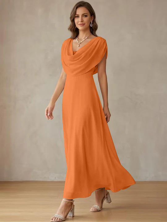 A-Line/Princess Cowl Neck Chiffon Cocktail Dresses Little White Dresses Ankle-Length Sleeveless Graduation Dress