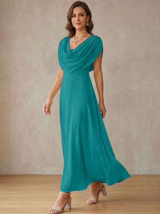 A-Line/Princess Cowl Neck Chiffon Cocktail Dresses Little White Dresses Ankle-Length Sleeveless Graduation Dress