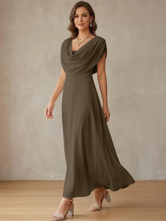 A-Line/Princess Cowl Neck Chiffon Cocktail Dresses Little White Dresses Ankle-Length Sleeveless Graduation Dress