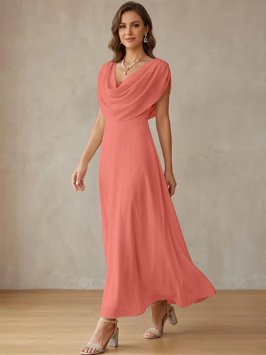A-Line/Princess Cowl Neck Chiffon Cocktail Dresses Little White Dresses Ankle-Length Sleeveless Graduation Dress
