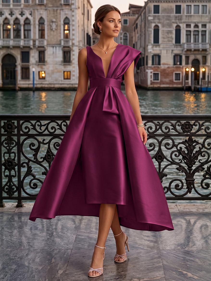 Sheath/Column V-Neck Satin Cocktail Dresses with Overskirt Sleeveless Tea-Length Ruched Formal Dresses