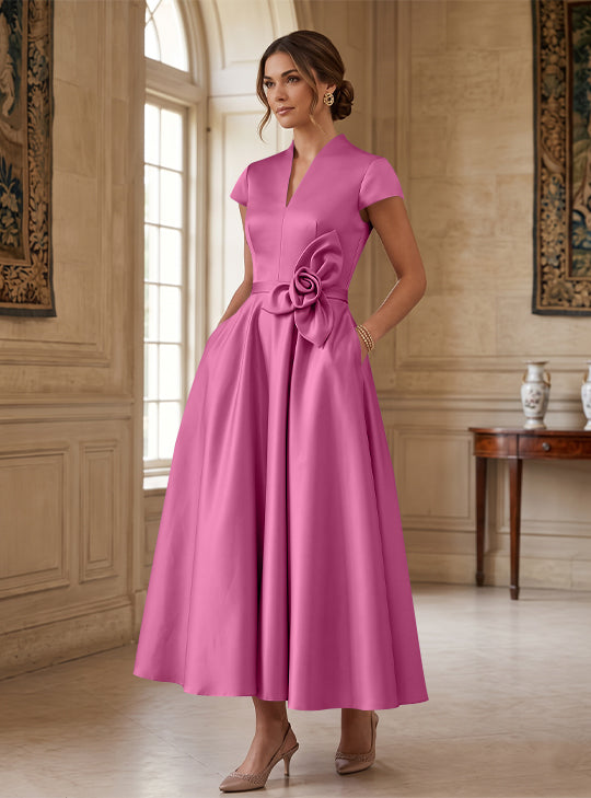 A-Line/Princess V-Neck Satin Cocktail Dresses with 3D Flower Cap Sleeves Tea-Length Formal Dresses