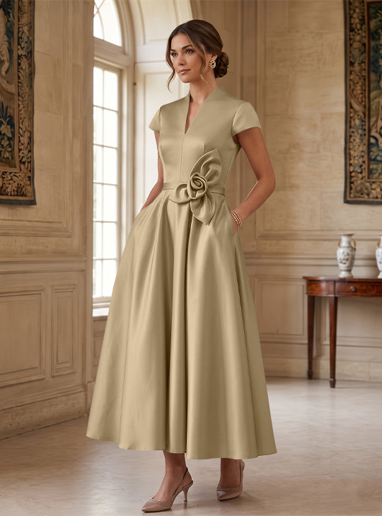 A-Line/Princess V-Neck Satin Cocktail Dresses with 3D Flower Cap Sleeves Tea-Length Formal Dresses