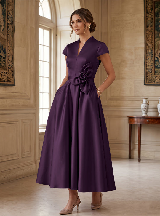 A-Line/Princess V-Neck Satin Cocktail Dresses with 3D Flower Cap Sleeves Tea-Length Formal Dresses