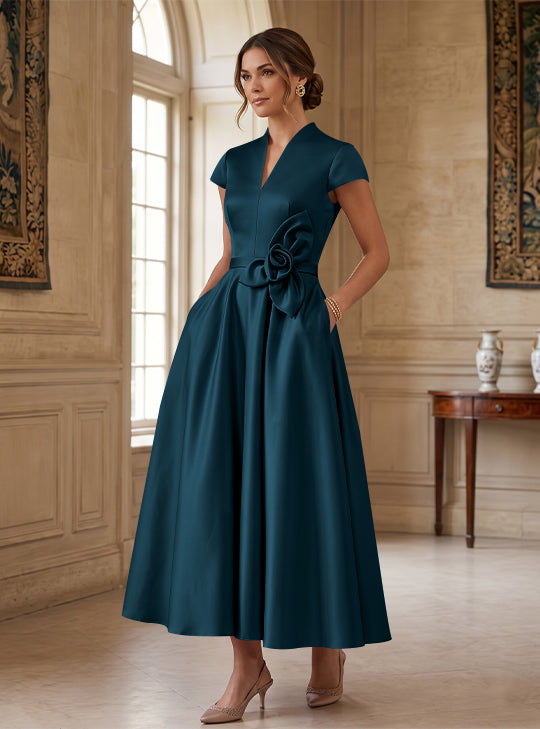 A-Line/Princess V-Neck Satin Cocktail Dresses with 3D Flower Cap Sleeves Tea-Length Formal Dresses