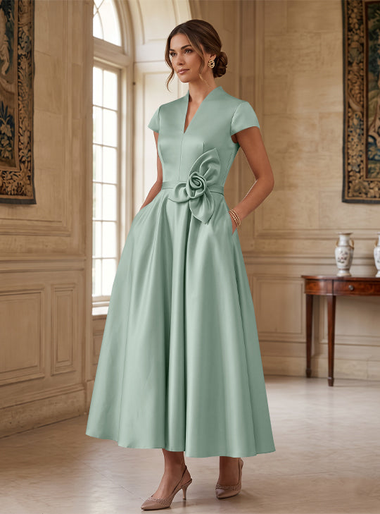 A-Line/Princess V-Neck Satin Cocktail Dresses with 3D Flower Cap Sleeves Tea-Length Formal Dresses