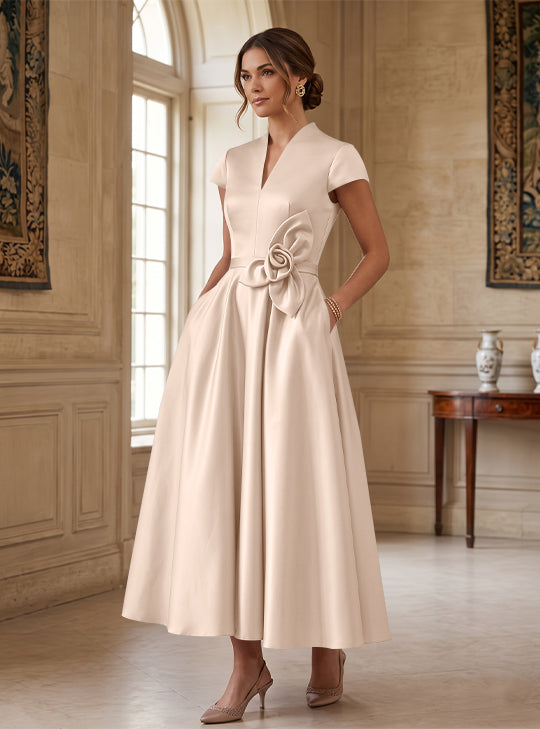 A-Line/Princess V-Neck Satin Cocktail Dresses with 3D Flower Cap Sleeves Tea-Length Formal Dresses