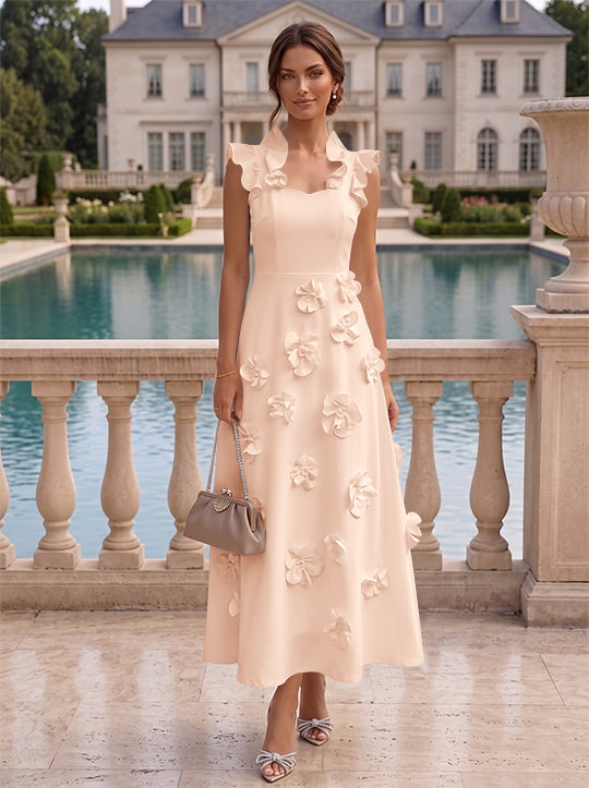 A-Line/Princess V-Neck Stretch Satin Cocktail Dresses with 3D Flowers Sleeveless Ruffles Tea-Length Formal Dresses Little White Dresses