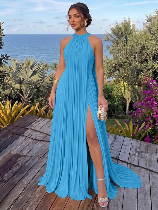 A-Line/Princess Halter Chiffon Evening Dresses with Split Side Floor-Length Sleeveless Ruched Party Dresses