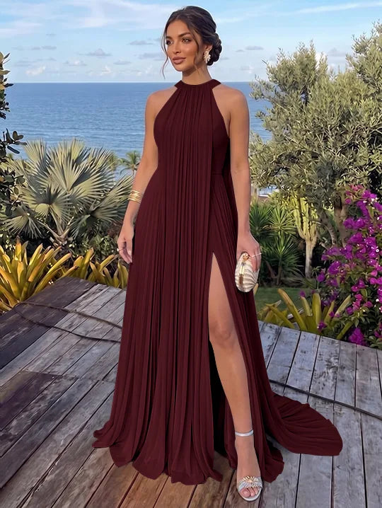A-Line/Princess Halter Chiffon Evening Dresses with Split Side Floor-Length Sleeveless Ruched Party Dresses
