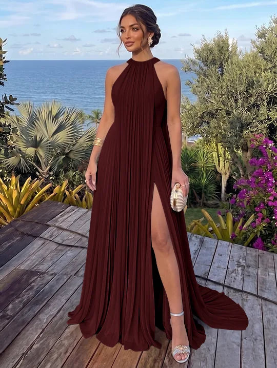 A-Line/Princess Halter Chiffon Evening Dresses with Split Side Floor-Length Sleeveless Ruched Party Dresses