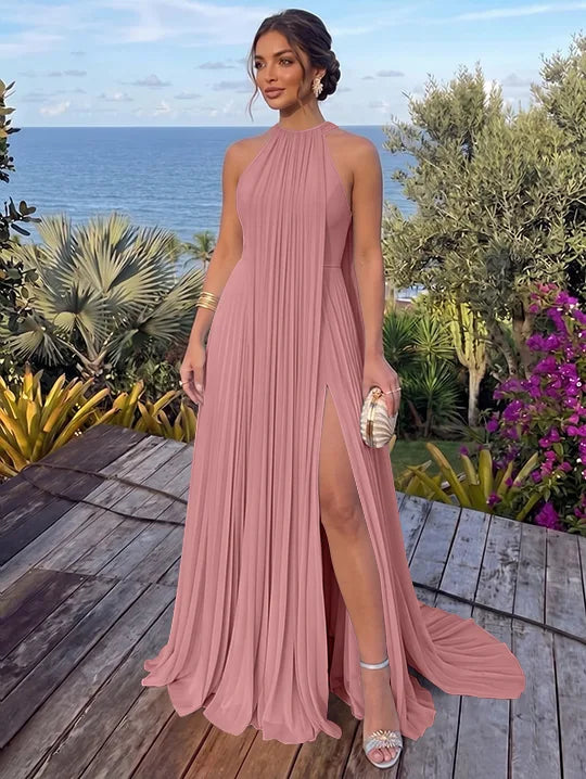A-Line/Princess Halter Chiffon Evening Dresses with Split Side Floor-Length Sleeveless Ruched Party Dresses
