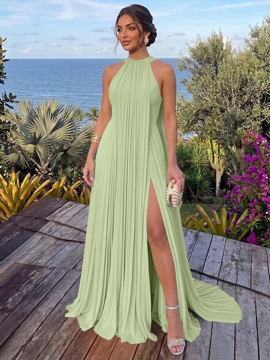 A-Line/Princess Halter Chiffon Evening Dresses with Split Side Floor-Length Sleeveless Ruched Party Dresses
