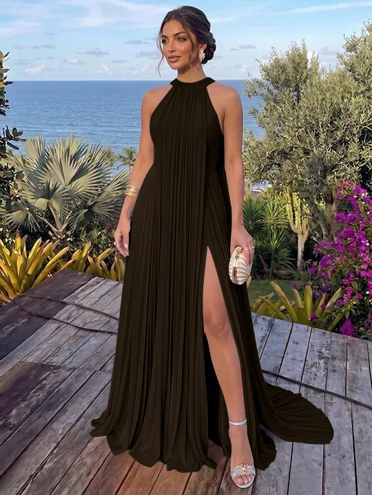 A-Line/Princess Halter Chiffon Evening Dresses with Split Side Floor-Length Sleeveless Ruched Party Dresses