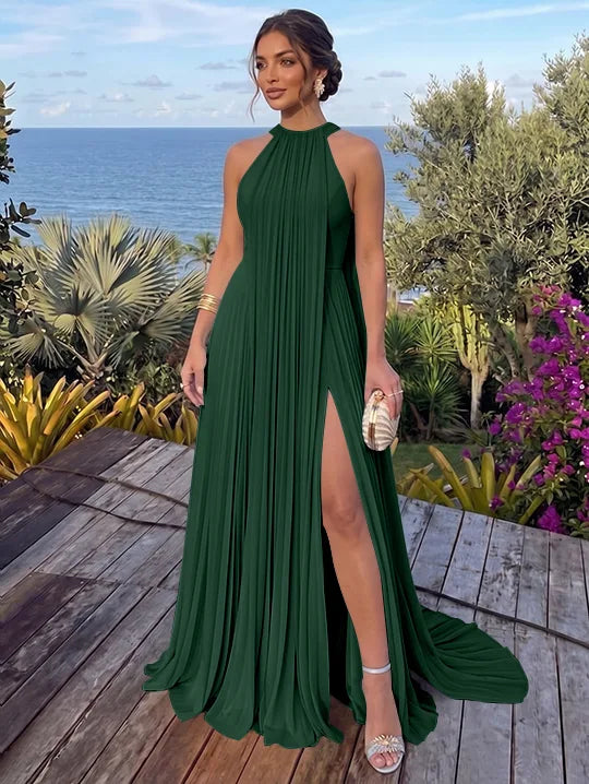 A-Line/Princess Halter Chiffon Evening Dresses with Split Side Floor-Length Sleeveless Ruched Party Dresses