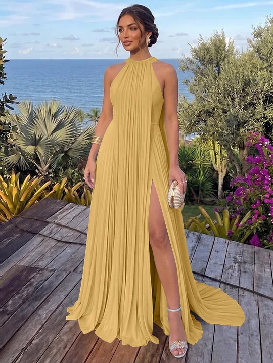A-Line/Princess Halter Chiffon Evening Dresses with Split Side Floor-Length Sleeveless Ruched Party Dresses