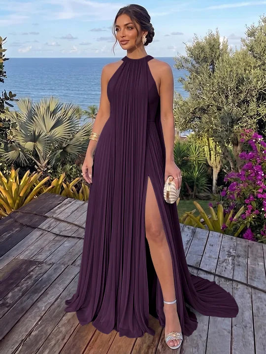 A-Line/Princess Halter Chiffon Evening Dresses with Split Side Floor-Length Sleeveless Ruched Party Dresses