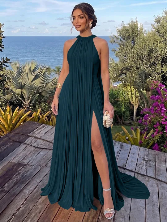 A-Line/Princess Halter Chiffon Evening Dresses with Split Side Floor-Length Sleeveless Ruched Party Dresses