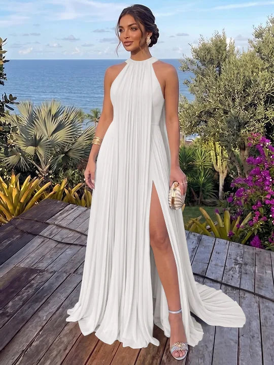A-Line/Princess Halter Chiffon Evening Dresses with Split Side Floor-Length Sleeveless Ruched Party Dresses
