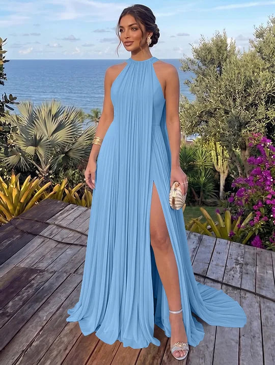 A-Line/Princess Halter Chiffon Evening Dresses with Split Side Floor-Length Sleeveless Ruched Party Dresses