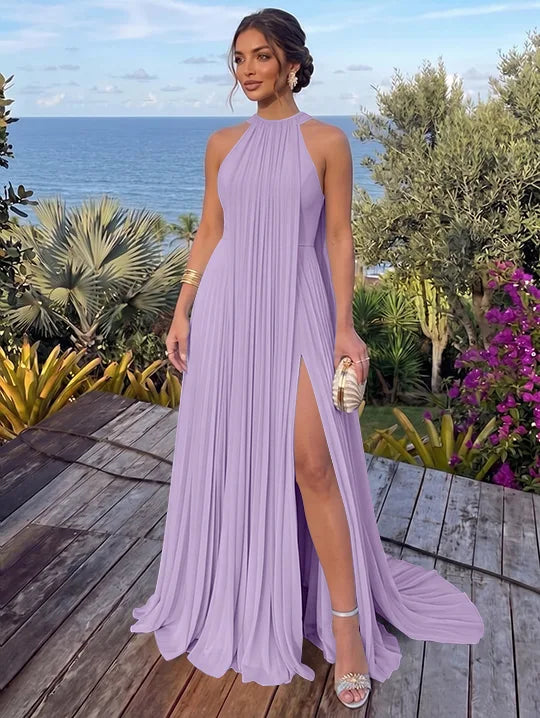 A-Line/Princess Halter Chiffon Evening Dresses with Split Side Floor-Length Sleeveless Ruched Party Dresses