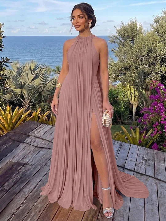 A-Line/Princess Halter Chiffon Evening Dresses with Split Side Floor-Length Sleeveless Ruched Party Dresses