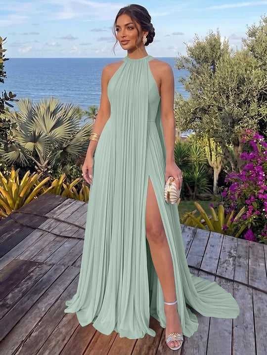 A-Line/Princess Halter Chiffon Evening Dresses with Split Side Floor-Length Sleeveless Ruched Party Dresses