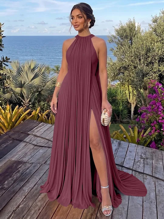 A-Line/Princess Halter Chiffon Evening Dresses with Split Side Floor-Length Sleeveless Ruched Party Dresses