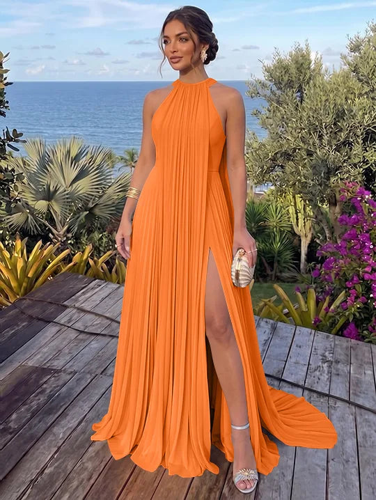 A-Line/Princess Halter Chiffon Evening Dresses with Split Side Floor-Length Sleeveless Ruched Party Dresses