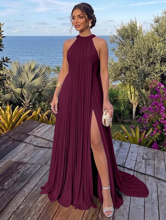 A-Line/Princess Halter Chiffon Evening Dresses with Split Side Floor-Length Sleeveless Ruched Party Dresses