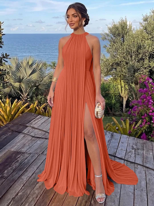 A-Line/Princess Halter Chiffon Evening Dresses with Split Side Floor-Length Sleeveless Ruched Party Dresses