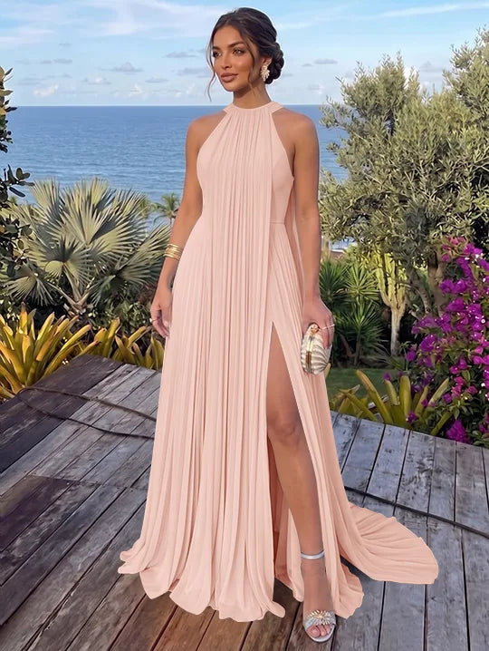 A-Line/Princess Halter Chiffon Evening Dresses with Split Side Floor-Length Sleeveless Ruched Party Dresses