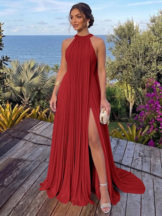 A-Line/Princess Halter Chiffon Evening Dresses with Split Side Floor-Length Sleeveless Ruched Party Dresses