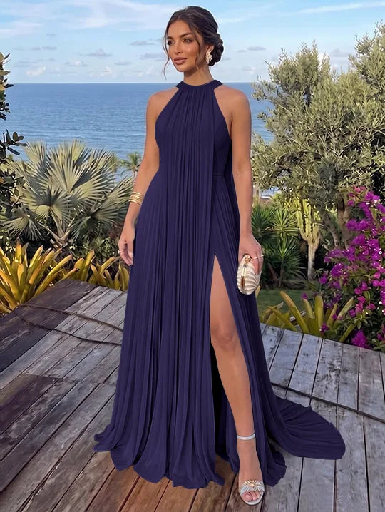 A-Line/Princess Halter Chiffon Evening Dresses with Split Side Floor-Length Sleeveless Ruched Party Dresses