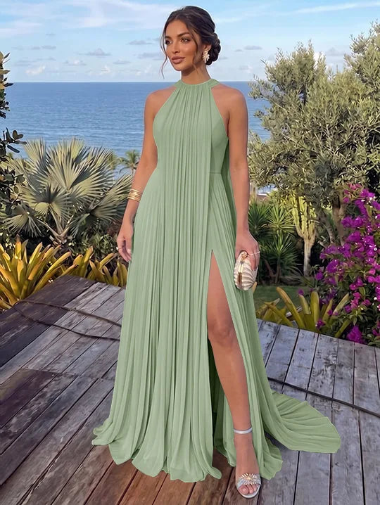 A-Line/Princess Halter Chiffon Evening Dresses with Split Side Floor-Length Sleeveless Ruched Party Dresses