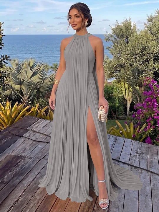 A-Line/Princess Halter Chiffon Evening Dresses with Split Side Floor-Length Sleeveless Ruched Party Dresses