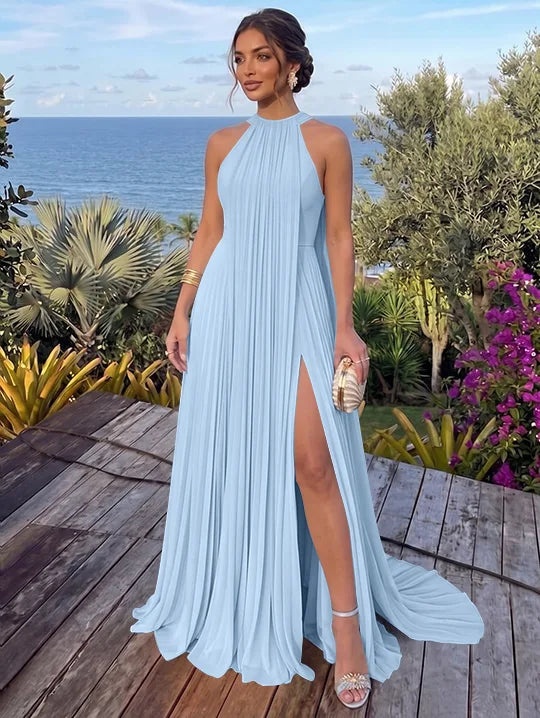 A-Line/Princess Halter Chiffon Evening Dresses with Split Side Floor-Length Sleeveless Ruched Party Dresses