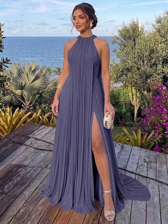 A-Line/Princess Halter Chiffon Evening Dresses with Split Side Floor-Length Sleeveless Ruched Party Dresses