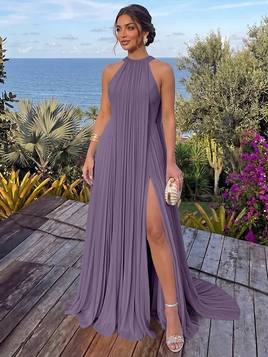 A-Line/Princess Halter Chiffon Evening Dresses with Split Side Floor-Length Sleeveless Ruched Party Dresses