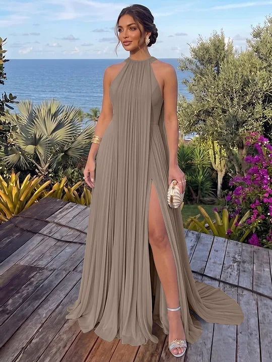 A-Line/Princess Halter Chiffon Evening Dresses with Split Side Floor-Length Sleeveless Ruched Party Dresses