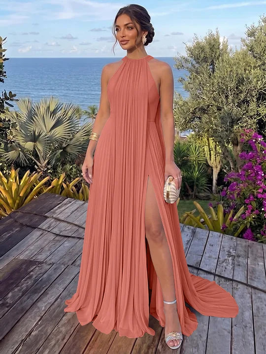 A-Line/Princess Halter Chiffon Evening Dresses with Split Side Floor-Length Sleeveless Ruched Party Dresses