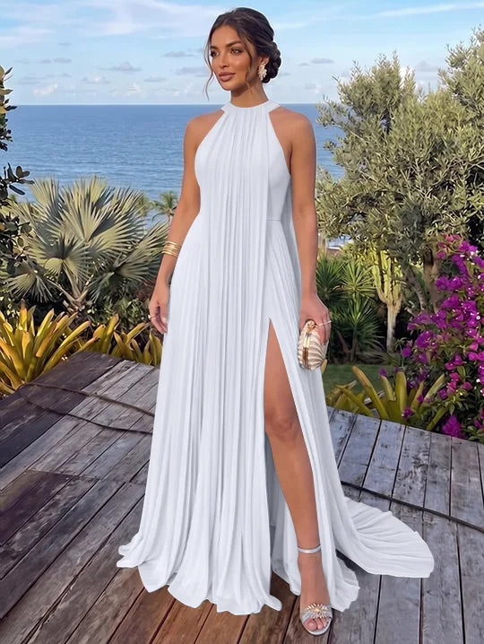 A-Line/Princess Halter Chiffon Evening Dresses with Split Side Floor-Length Sleeveless Ruched Party Dresses