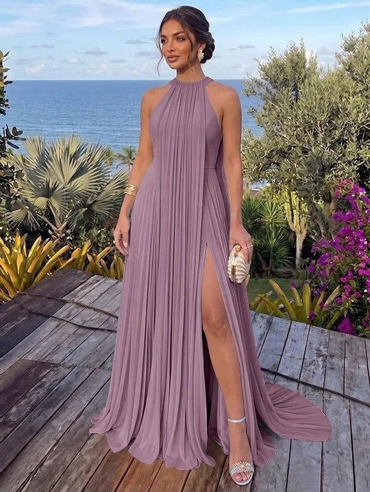 A-Line/Princess Halter Chiffon Evening Dresses with Split Side Floor-Length Sleeveless Ruched Party Dresses