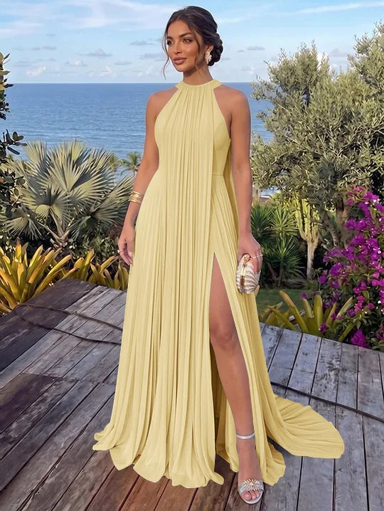 A-Line/Princess Halter Chiffon Evening Dresses with Split Side Floor-Length Sleeveless Ruched Party Dresses