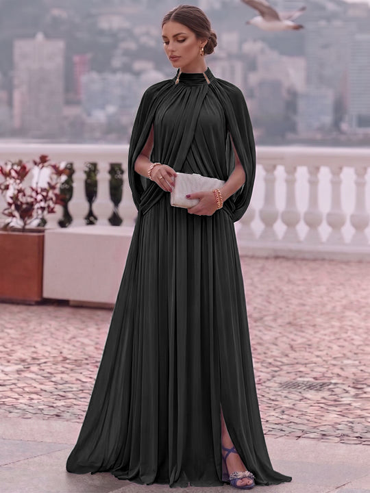 A-Line/Princess Mock Neck Chiffon Evening Dresses Cape Sleeves Floor-Length Ruched Formal Dresses
