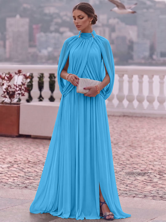 A-Line/Princess Mock Neck Chiffon Evening Dresses Cape Sleeves Floor-Length Ruched Formal Dresses
